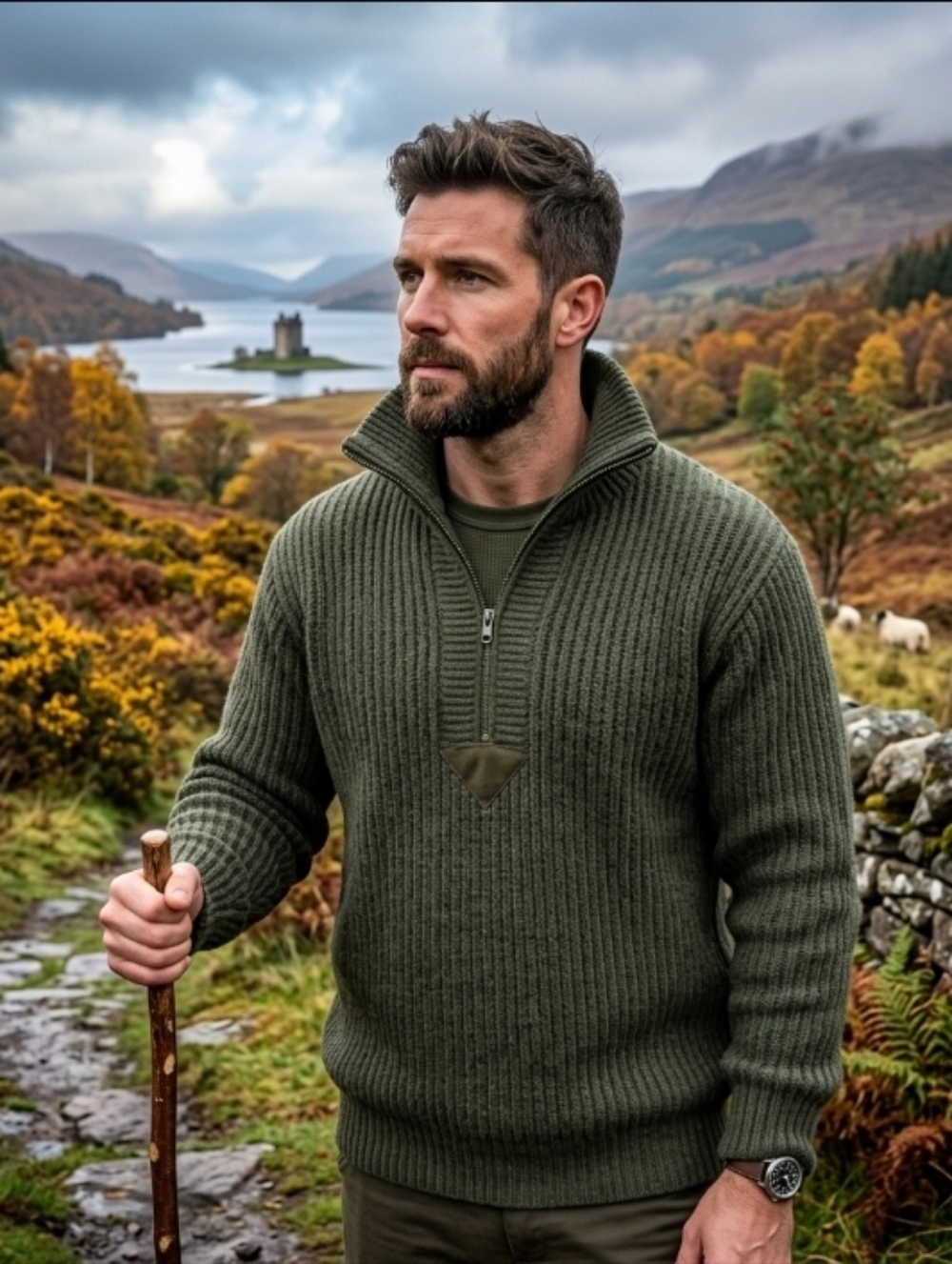 Brenire Vintage 100% Wool Dark Green Ribbed Knit Scottish Quarter-Zip Sweater